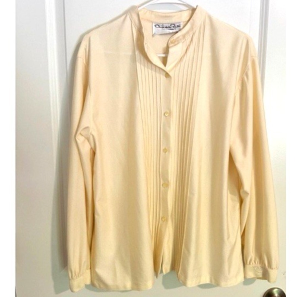 Vtg Oscar de La Renta Light Yellow Qiana Pleated Blouse Victorian Romantic 16‎